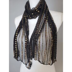 STUNNING Sterling‎ Styles Heavy Beaded Black Gold Mesh Scarf Vintage India